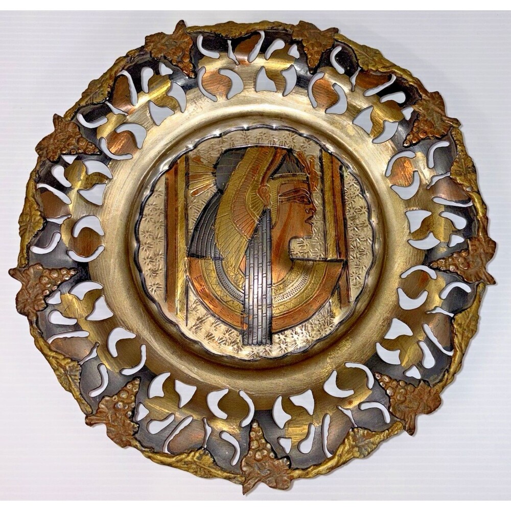 Vintage Egyptian Queen Wall Plate Metal Decor Gold Copper Cleopatra Style